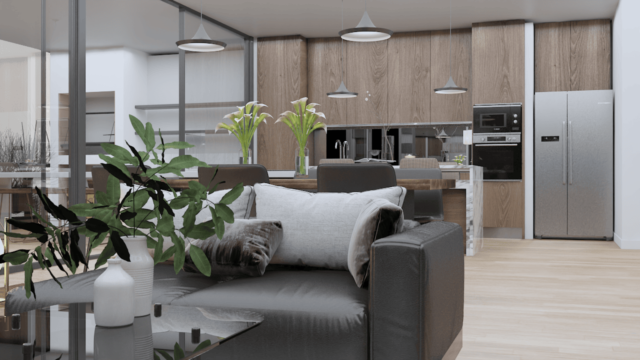Living y cocina integrados de una unidad de Premier Yacht