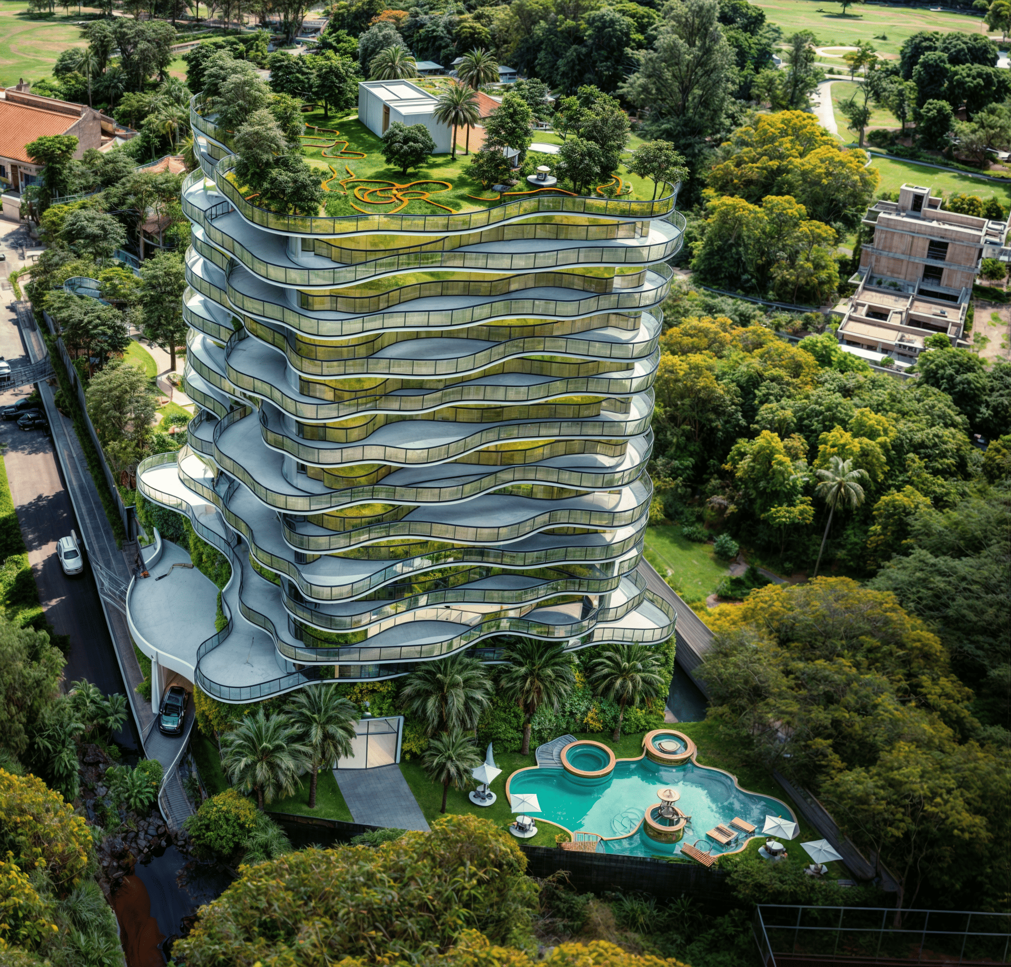 Premier Yacht asomando entre los árboles de la manzana, junto a la plaza del barrio